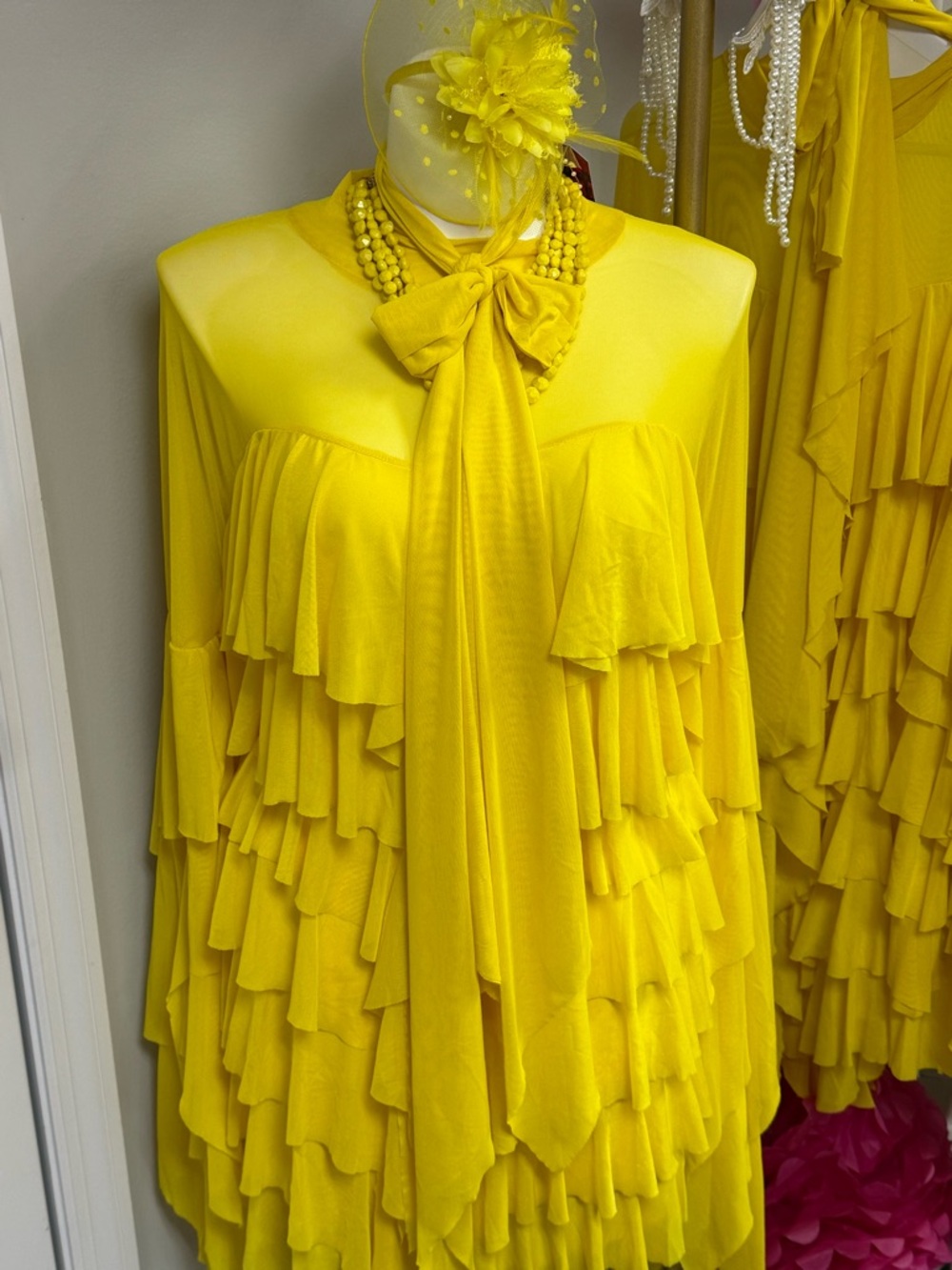 Bright Yellow Ruffle Tie-Neck Mini Dress - Picture 3 of 4